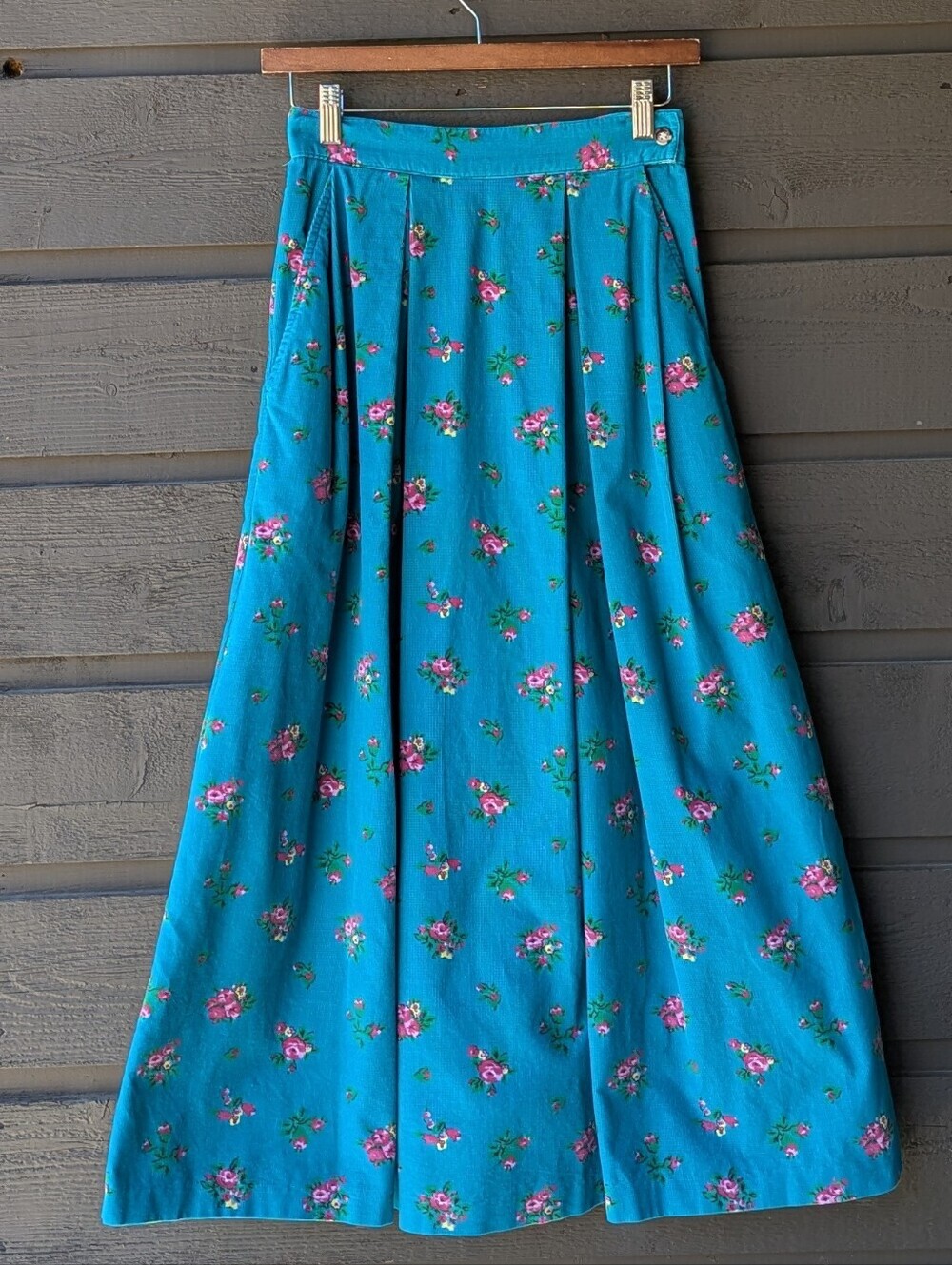 VTG 80s Cambridge Dry Goods Aqua Blue Corduroy Maxi Skirt Pink Floral Print
